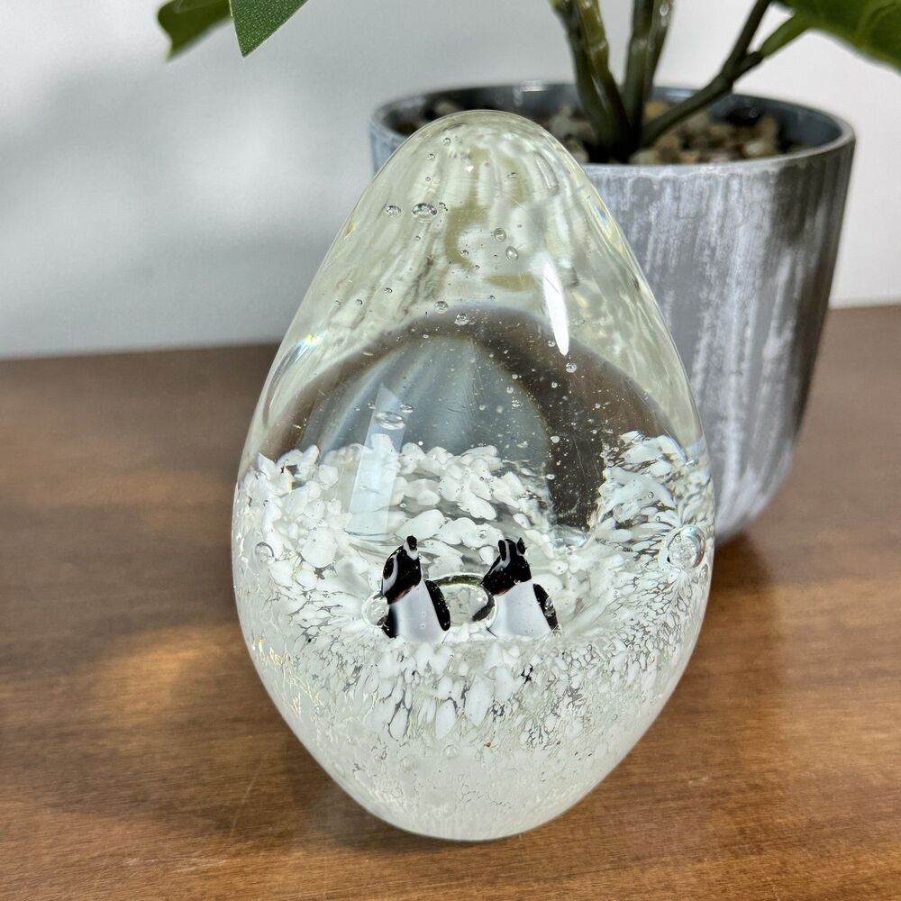 Art Glass Penguin Paperweight Clear White Black Ocean Scene Abstract Sculpture